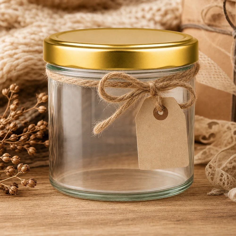 230ml cilindrische pot met BasicSeal deksel goud UNiTWIST 230 ml cilindervormige pot met gouden deksel versierd met jute strik en rustiek kraftpapieren etiket