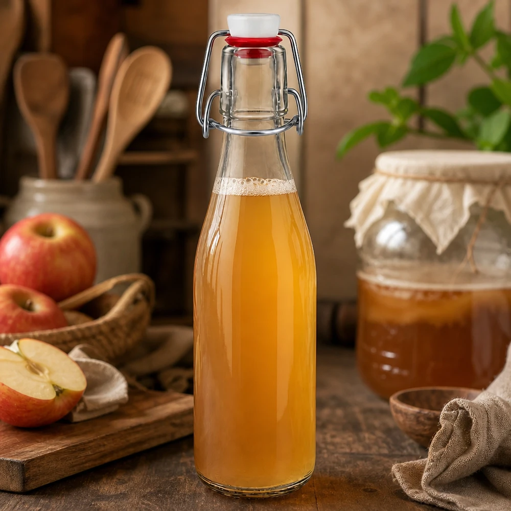 Glazen fles van 250 ml + zwenktop porseleinen UN... Glazen fles 250ml met draaidop gevuld met appelsap, appelschijfjes en jampot op de achtergrond