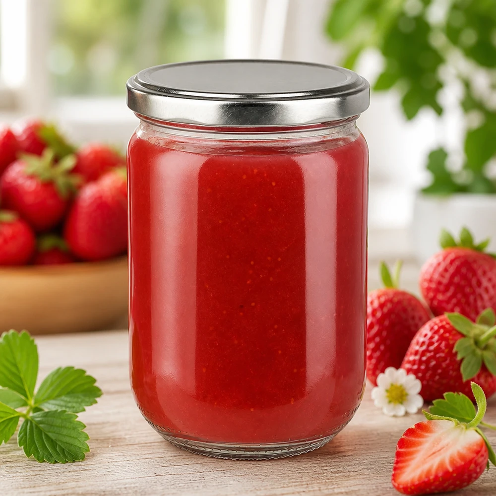 Inmaakpot van 555 ml met zilveren draaideksel, gevuld met romige aardbeienpasta