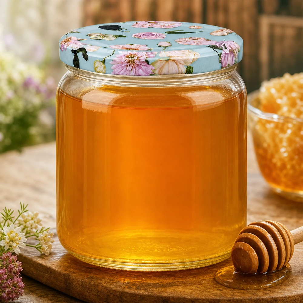 Ronde pot van 425 ml + BasicSeal-deksel met muntbloem UNiTWIST 425ml ronde pot met bloem mint deksel vol honing - honingpot met bloem patroon en houten lepel op houten plank