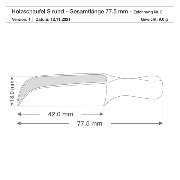 Houten schep maat S halfronde vorm - 75mm lang Gedetailleerde maattekening van de kleine beukenhouten schep met 42 mm scheplengte en 18 mm hoogte zijaanzicht