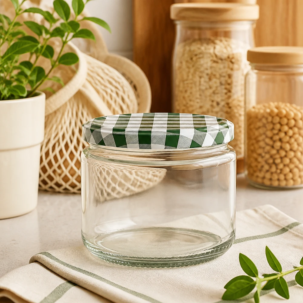 330ml rond glas met BasicSeal deksel groen/wit UNiTWIST 330ml ronde pot leeg met groen en wit BasicSeal deksel op keukentafel, voorraadpotten en planten op de achtergrond