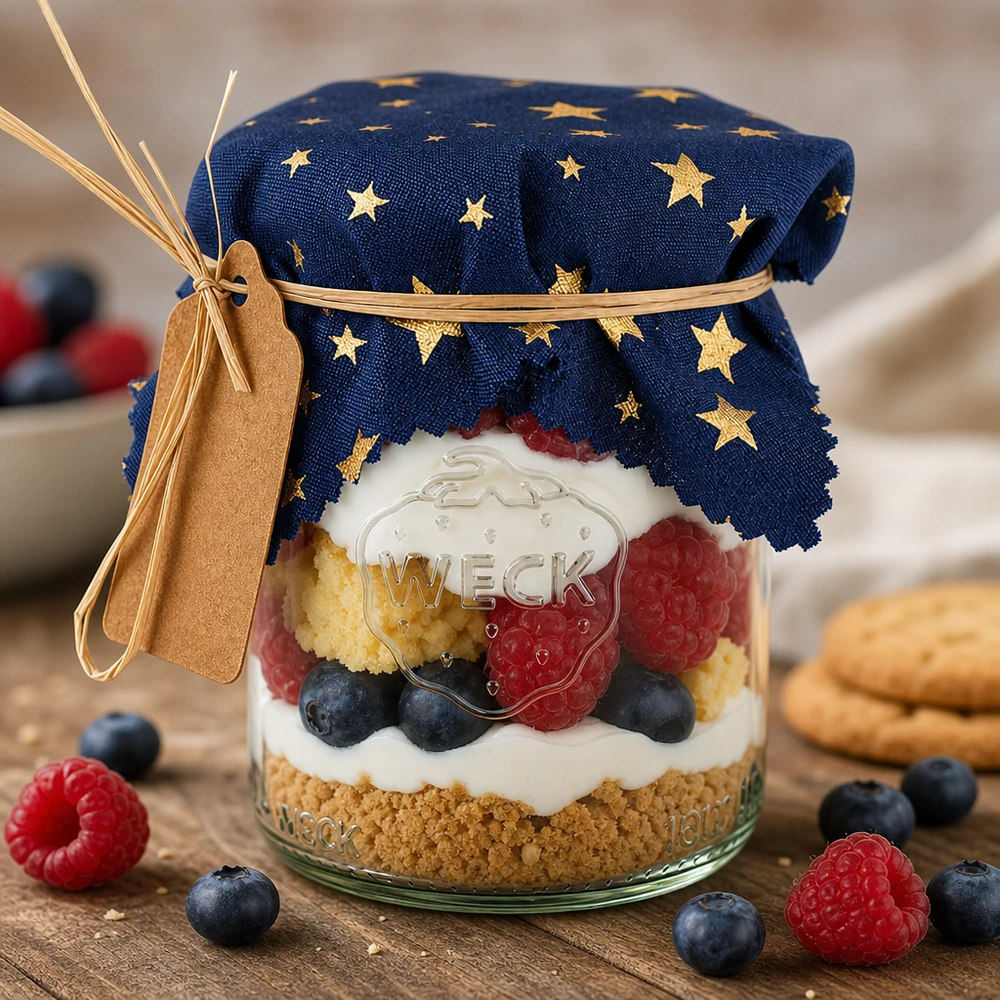 Stoffen doily sterren blauw 120x120mm vierkant Dessert im Glas mit blauem Sternen-Stoffdeckchen, Beeren-Trifle dekorativ abgedeckt, festliche Präsentation für Gäste