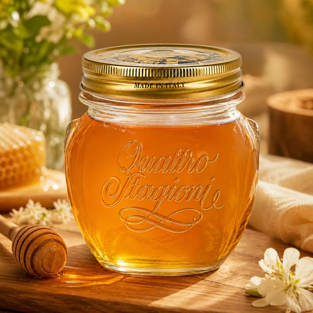 Quattro Stagioni 300ml ronde pot met gouden deksel gevuld met honing op houten tafel Made in Italy