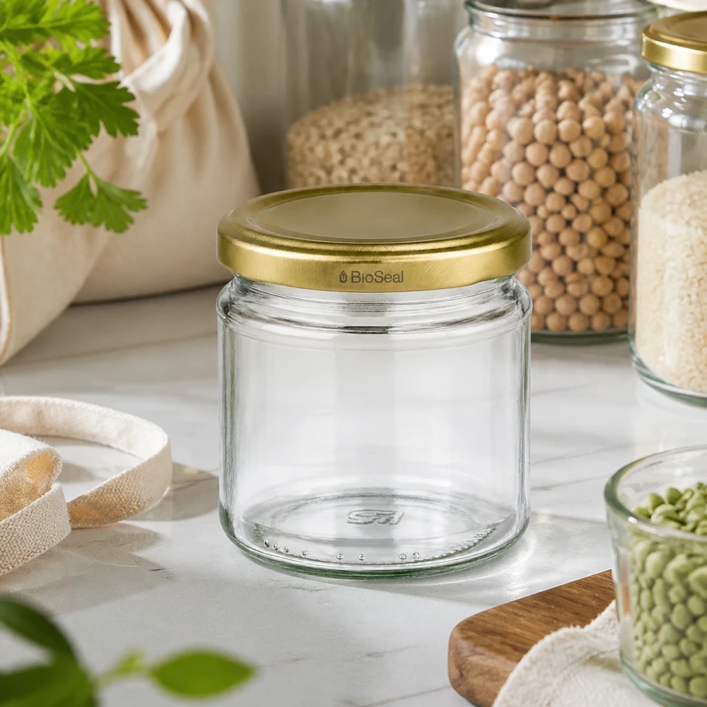 212ml rond glas met BioSeal deksel goud UNiTWIST UNiTWIST ronde pot 212ml met gouden TO66 BioSeal deksel in duurzame zero-waste keuken met peulvruchten