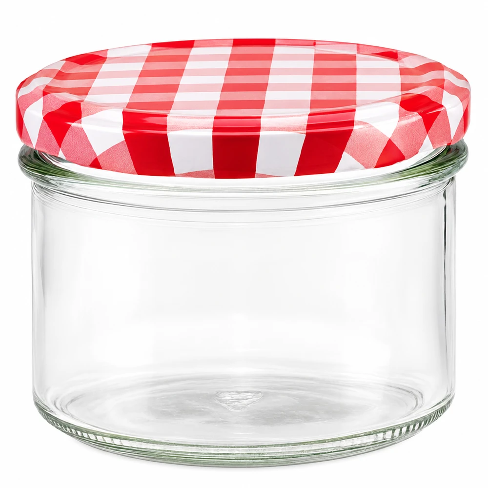 225ml bekers met BasicSeal deksel rood/wit UNiTWIST Trommels van 225 ml met rood en wit geruit BasicSeal deksel voor jam en conserven