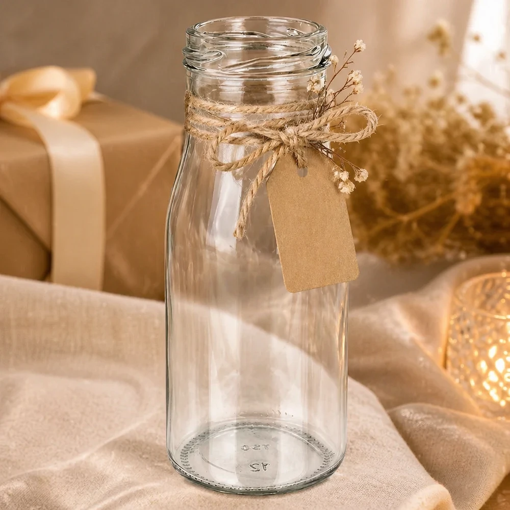 150ml fles zonder deksel (TO43) UNiTWIST UNiTWIST Fles150 Glazen fles 150ml TO43 draad leeg met jute koord en hanger rustieke decoratie