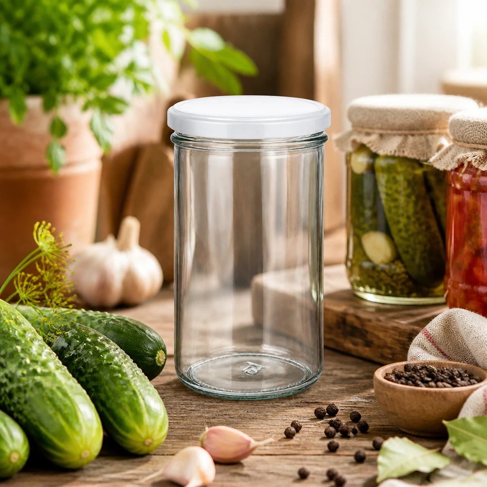 277ml bekers met BasicSeal deksel wit UNiTWIST 277ml Sturzglas in rustikaler Küchenszene mit Gurken und Gewürzen - vielseitiges Einmachglas für Pickles