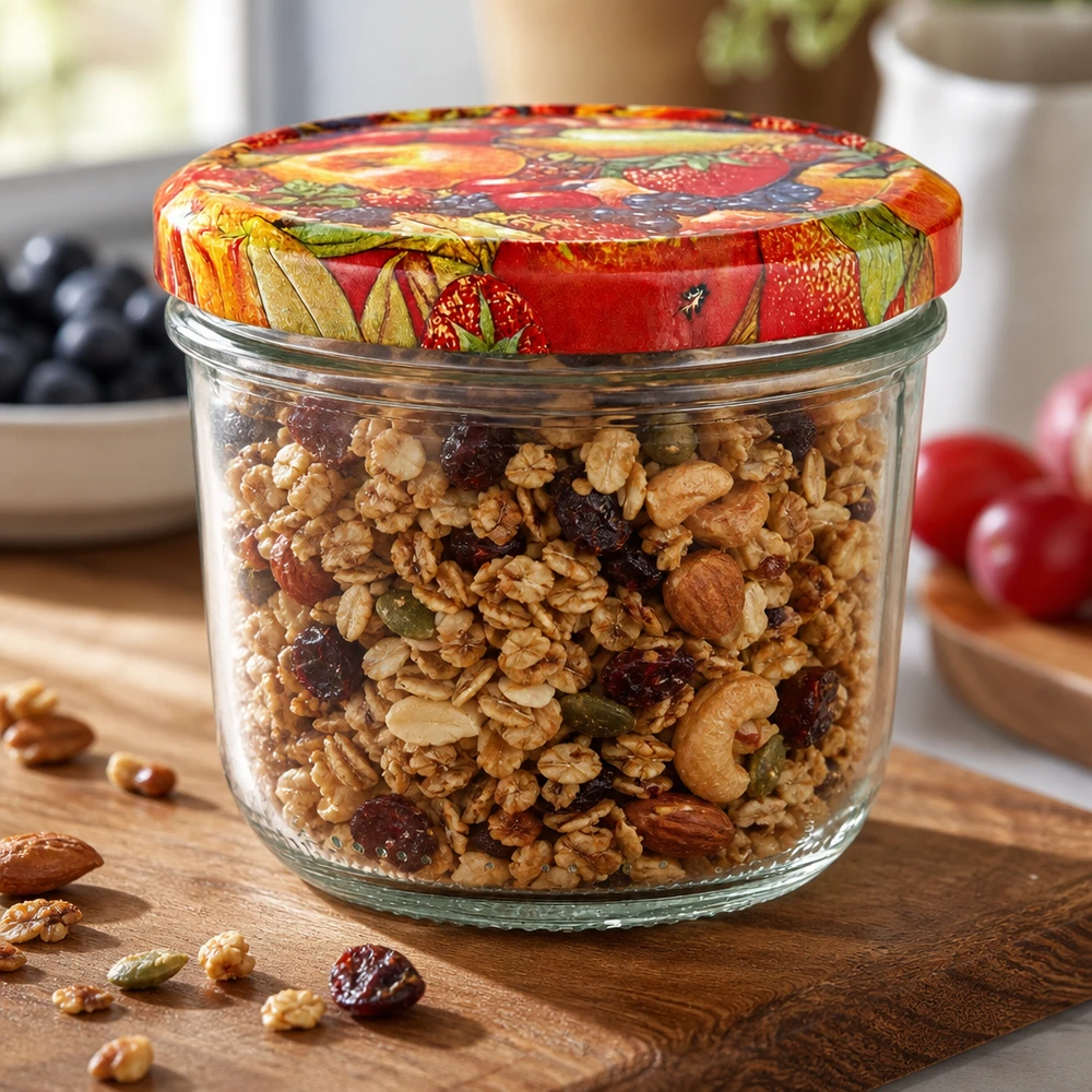 230ml bekers met BasicSeal deksel Fruit decor UNiTWIST 230ml bekers met notenmix en kleurrijk BasicSeal fruitdecor deksel op houten plank met noten en gedroogd fruit