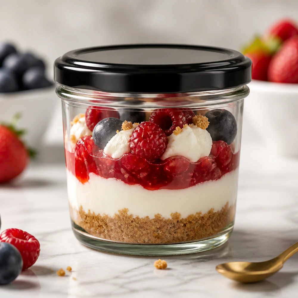 230ml bekers met BasicSeal deksel zwart UNiTWIST 230 ml bekers met BasicSeal deksel zwart gevuld met bessendessert toont elegante portionering en presentatie