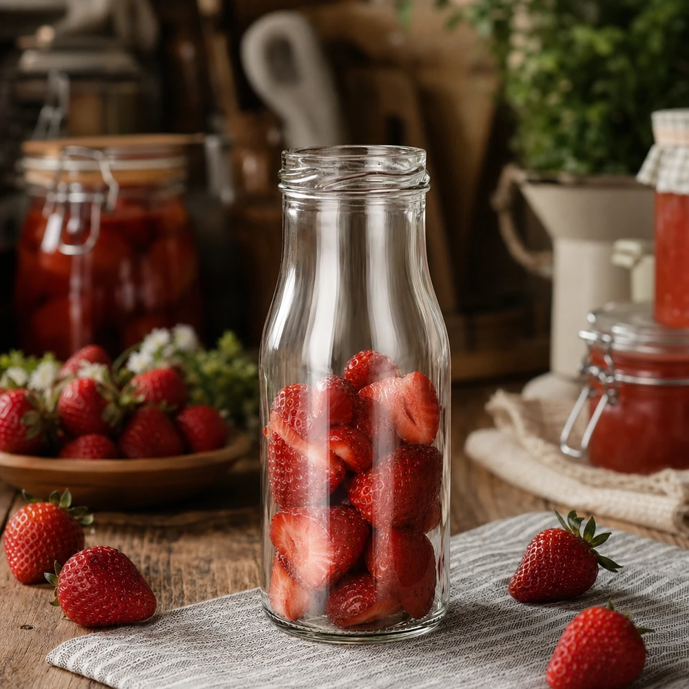 150ml fles zonder deksel (TO43) UNiTWIST UNiTWIST Bottle150 Glazen fles 150ml TO43 gevuld met verse aardbeien op een rustieke houten tafel met jampotten