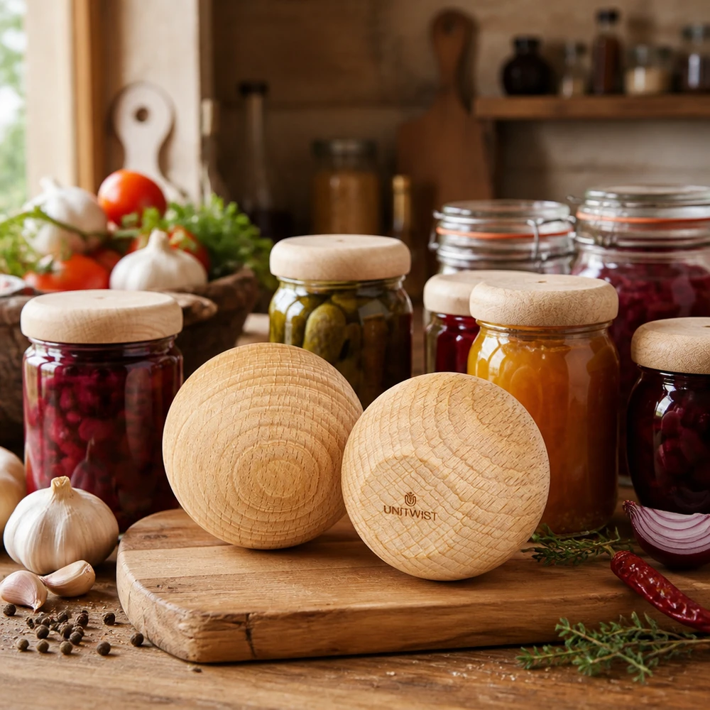 UNiTWIST Houten bal WECK RR60 UNiTWIST houten beuken WECK RR60 ballen in een rustieke keuken met inmaakpotten en verse ingrediënten Toepassingsvoorbeeld