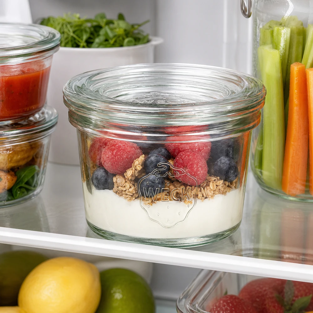 35ml stortglas met glazen deksel WECK RR40 35ml WECK RR40 bekers met yoghurt, bessen en noten in de koelkast naast groentesticks en kruiden