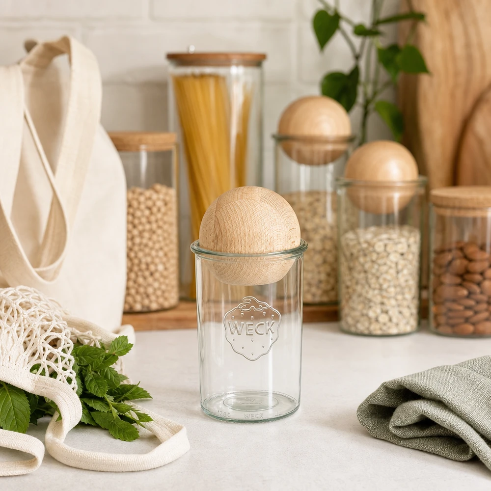 1000ml stortglas WECK RR100 met houten bal WECK Sturzglas 1000ml RR100 mit Holzkugel aus Buche in moderner Küche zwischen nachhaltigen Vorratsgläsern und Stoffbeut