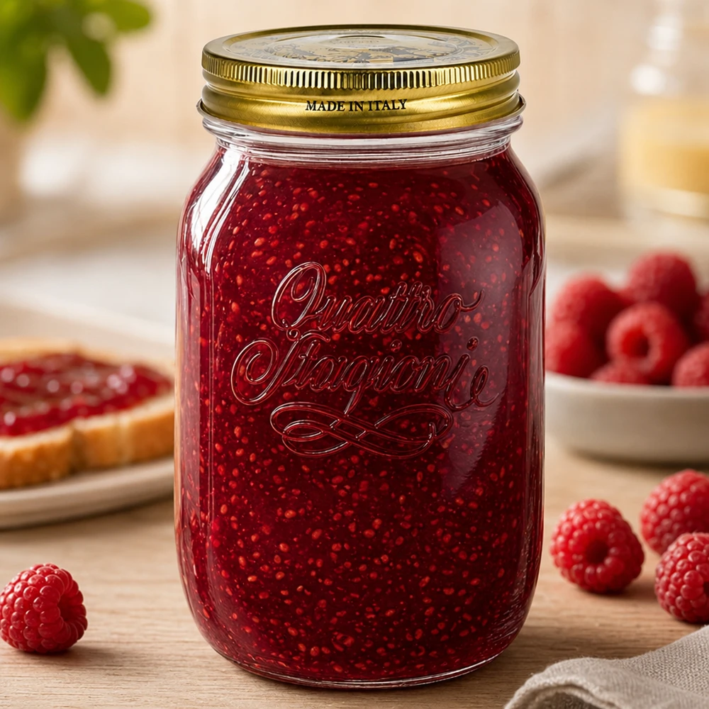 1000ml Quattro Stagioni pot gevuld met frambozenjam omringd door verse frambozen Italiaanse inmaakpot