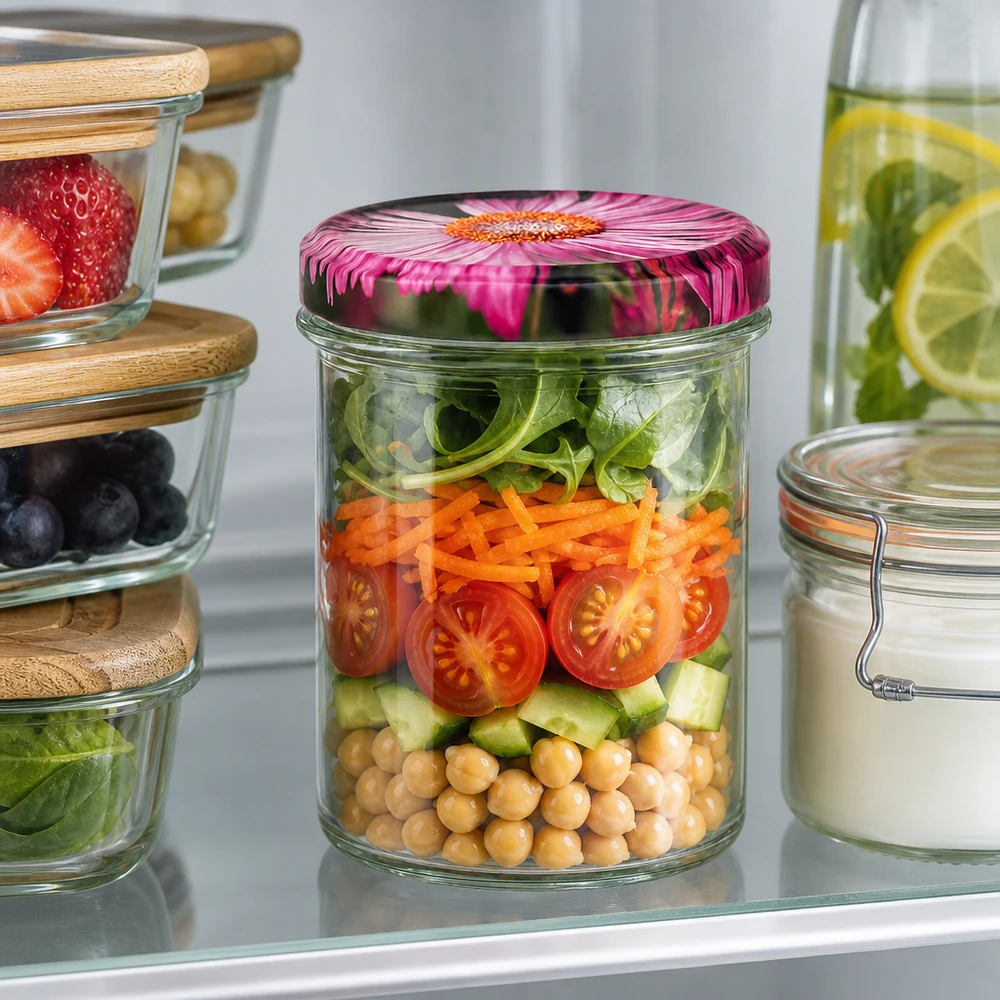 350ml bekers met BasicSeal deksel Bloemen decor UNiTWIST Glazen pot van 350 ml met bloesemdeksel gevuld met sla, kikkererwten, tomaten en komkommer voor maaltijdprep in de koelkast