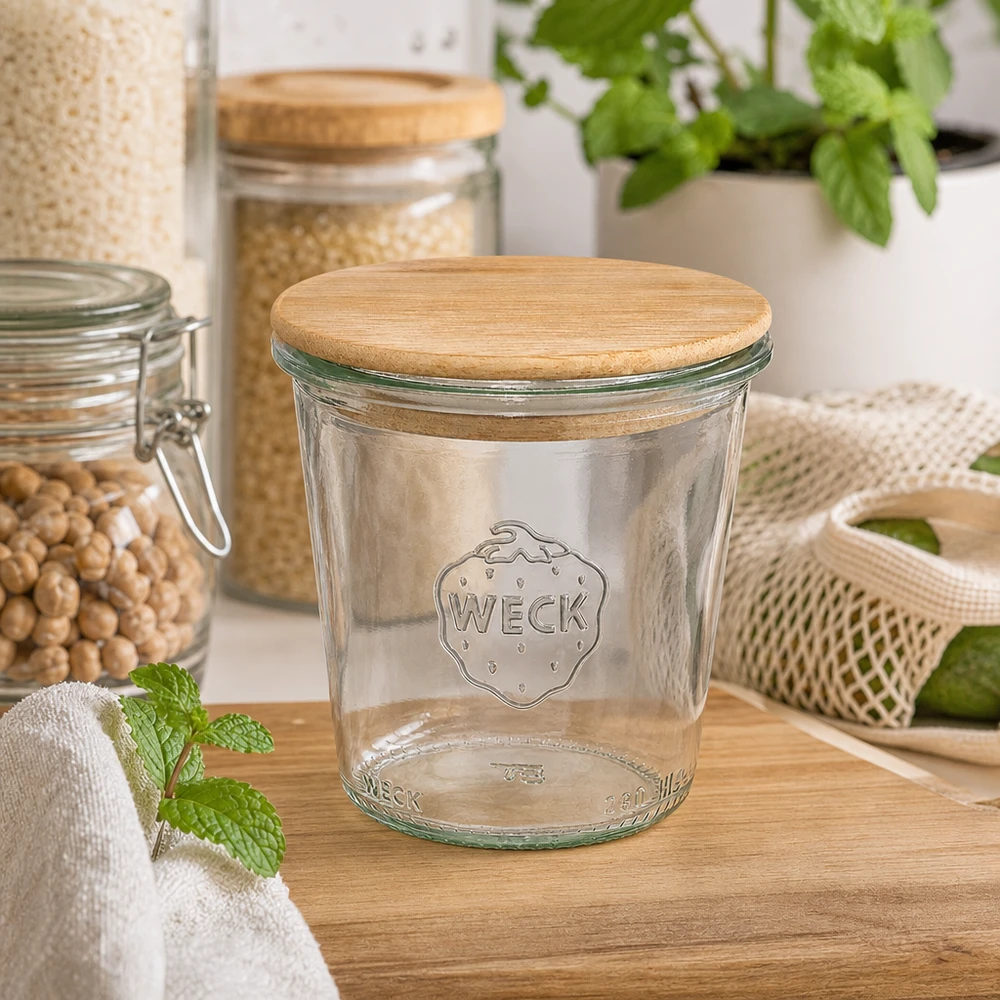 WECK beker 290ml RR80 met houten deksel in duurzame keuken met voorraadpotten kruiden en natuurlijke materialen