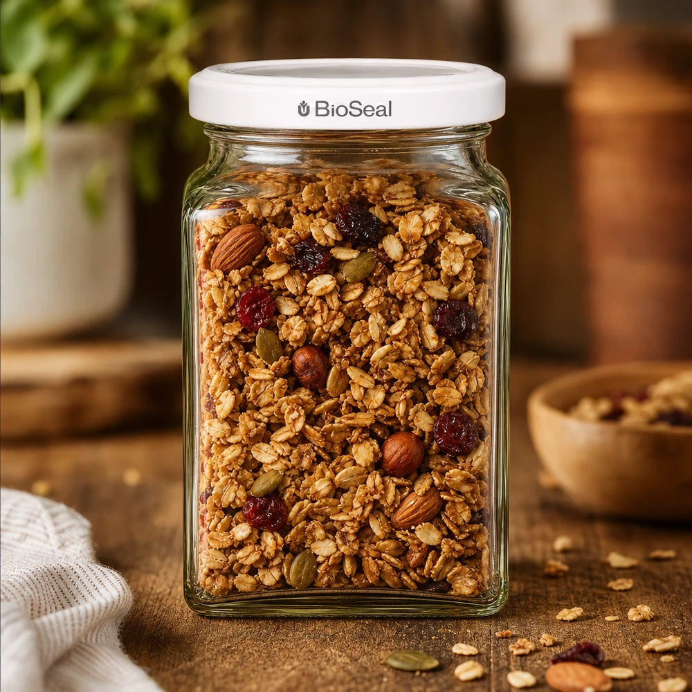 UNiTWIST Tetra260 voorraadpot gevuld met muesli noten gedroogd fruit wit TO58 BioSeal deksel keuken