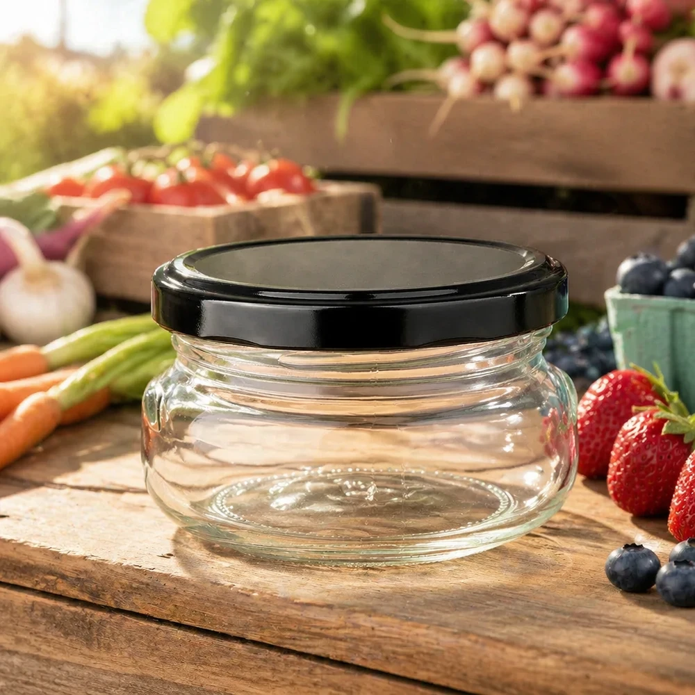 120ml weckpot leeg op houten plank met verse bessen en groenten, zwart deksel, natuurlijke sfeer