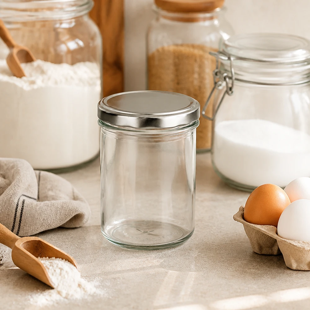 350ml bekers met BasicSeal deksel zilver UNiTWIST 350ml bekers met BasicSeal deksel zilver in keukenscène met eieren bloem en voorraadpotten Keukenorganisatie
