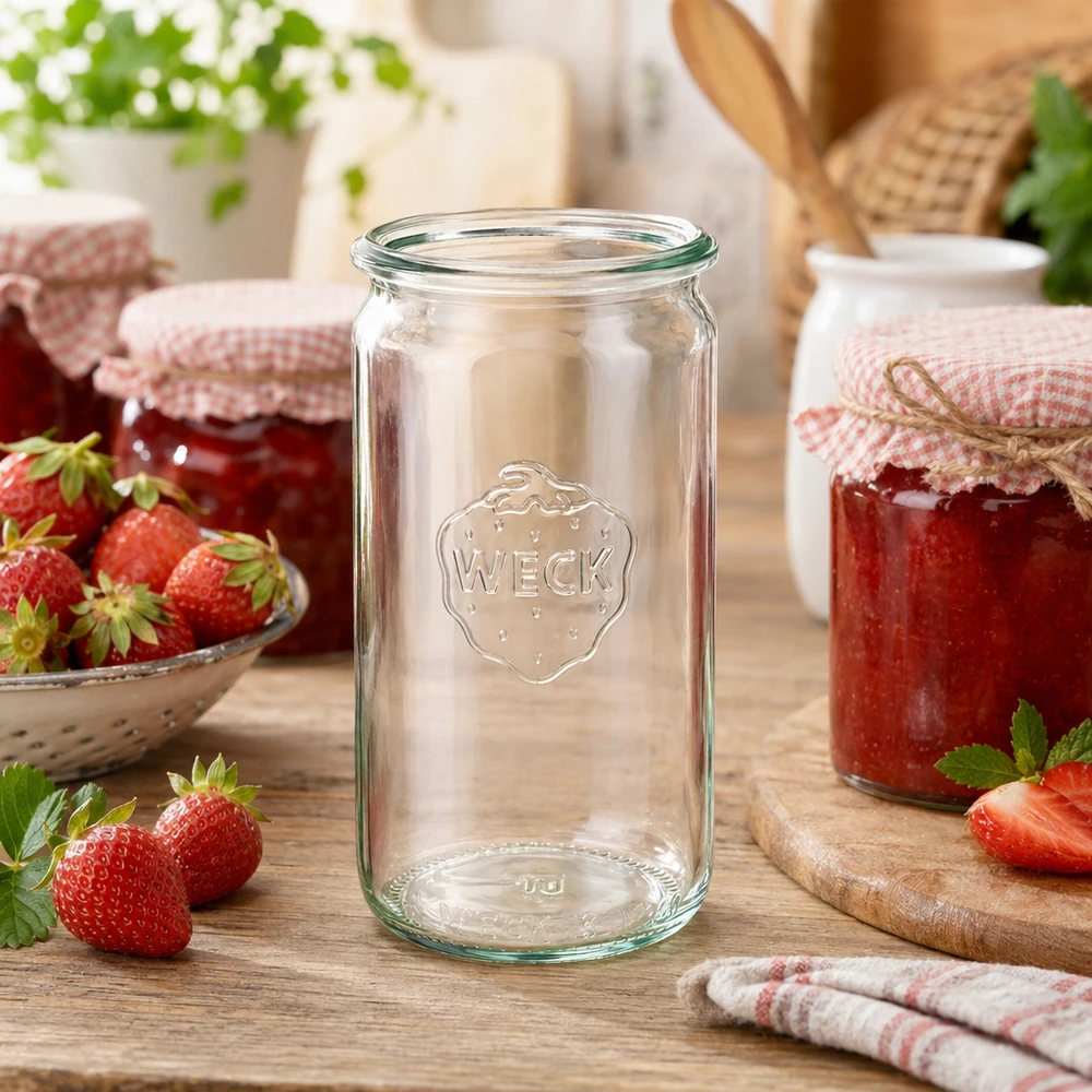 WECK cilindervormige pot 340ml RR60 in keukentafereel met aardbeien en zelfgemaakte jam op houten tafel