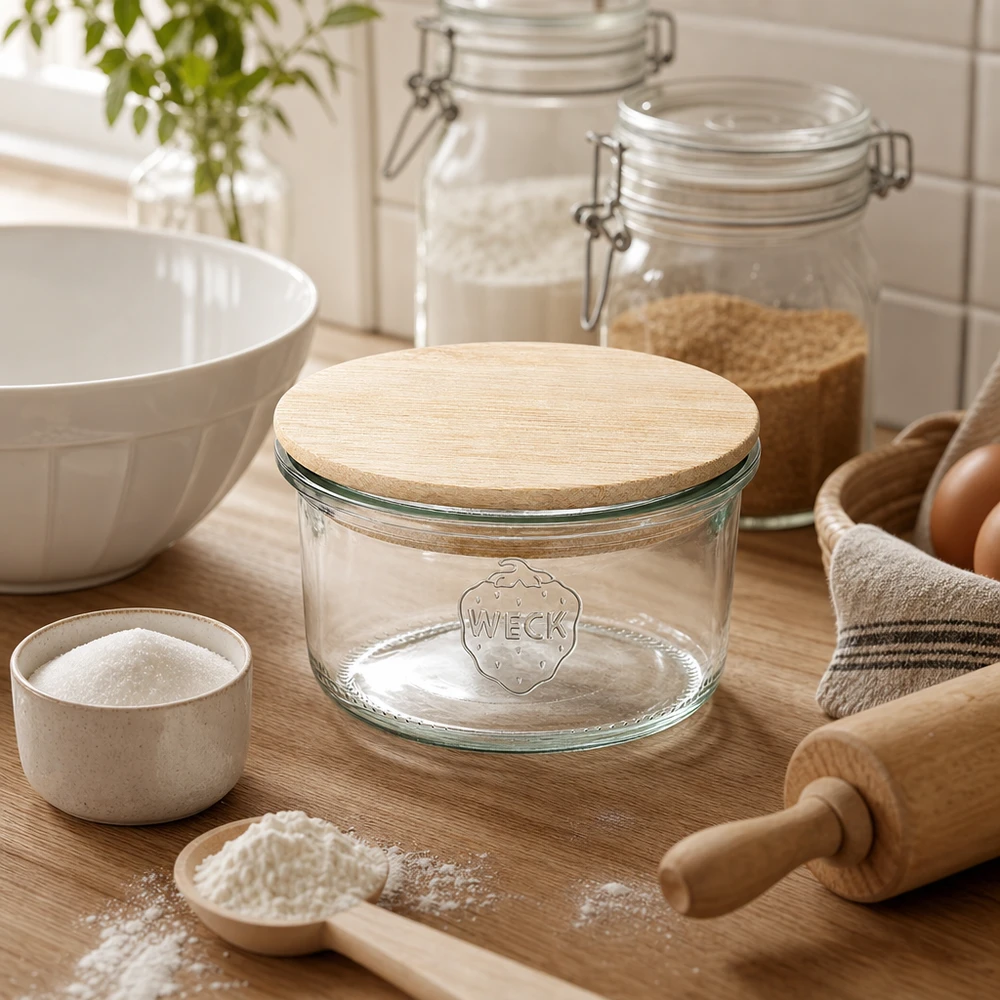 WECK RR80 165ml mason jar met bamboe deksel in een natuurlijke keukenscène met bakingrediënten en houten keukengerei