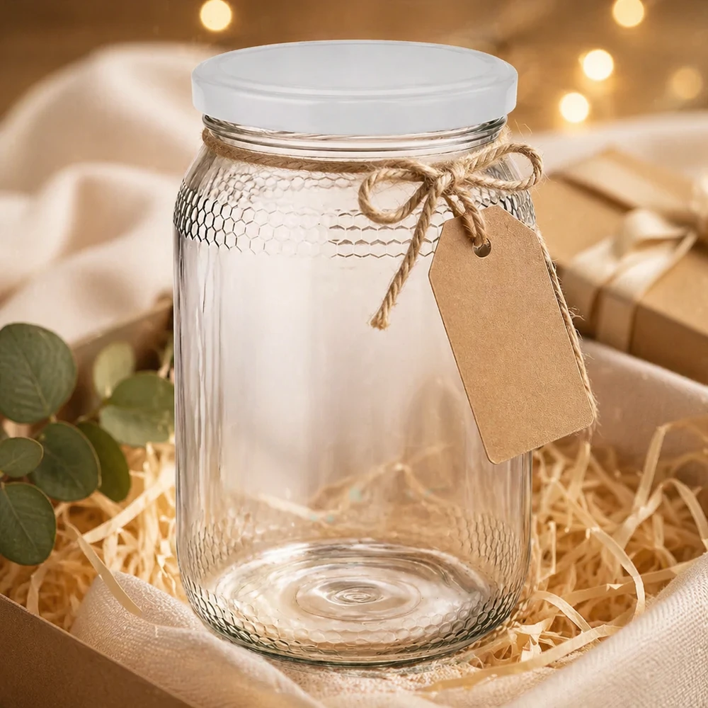 Honingpot 1260 g met witte BasicSeal UNiTWIST-deksel Lege 900ml honingpot met wit BasicSeal deksel en cadeaulabel in rustieke geschenkverpakking