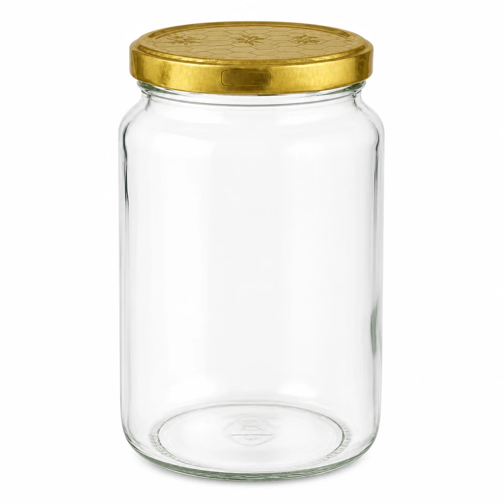 795ml rond glas met BasicSeal deksel Honingraat UNiTWIST 795 ml ronde pot met gouden BasicSeal deksel honingraat UN sluiting voor honing en jam