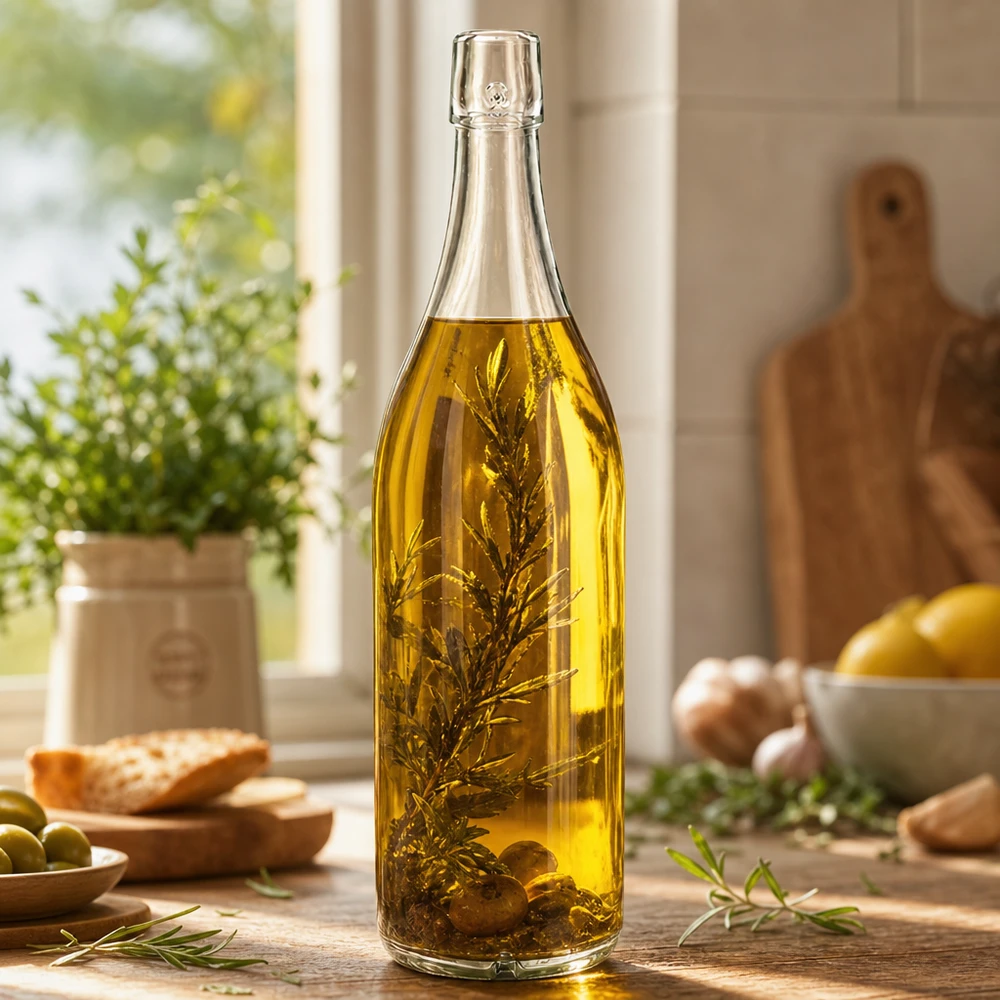 1000ml glazen fles zonder draaidop UNiTWIST Glazen fles 1000ml UNiTWIST gevuld met olijfolie kruiden Keukenscène Toepassing voorbeeld Schroefdop
