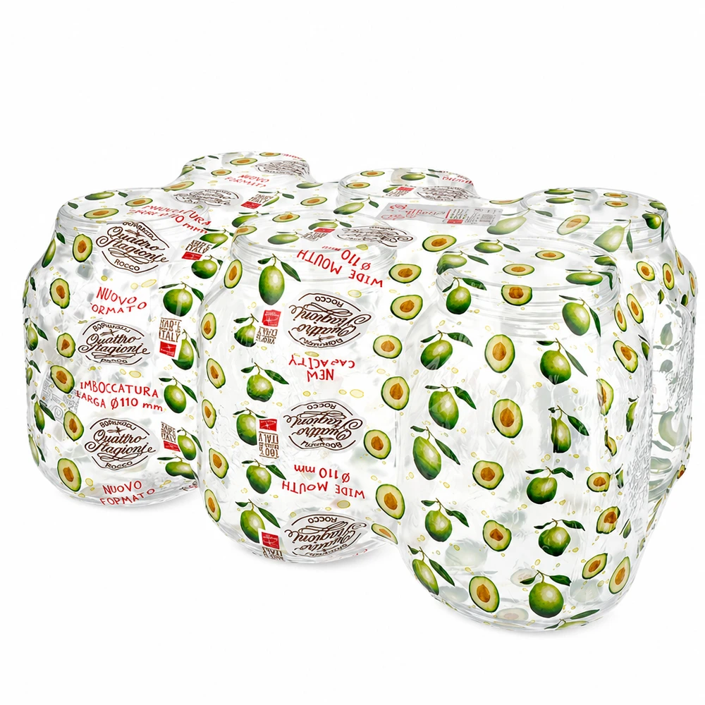3000 ml Quattro Stagioni ronde glazen gestapeld met etiketten met olijfmotief tonen grootte en ontwerpvariaties