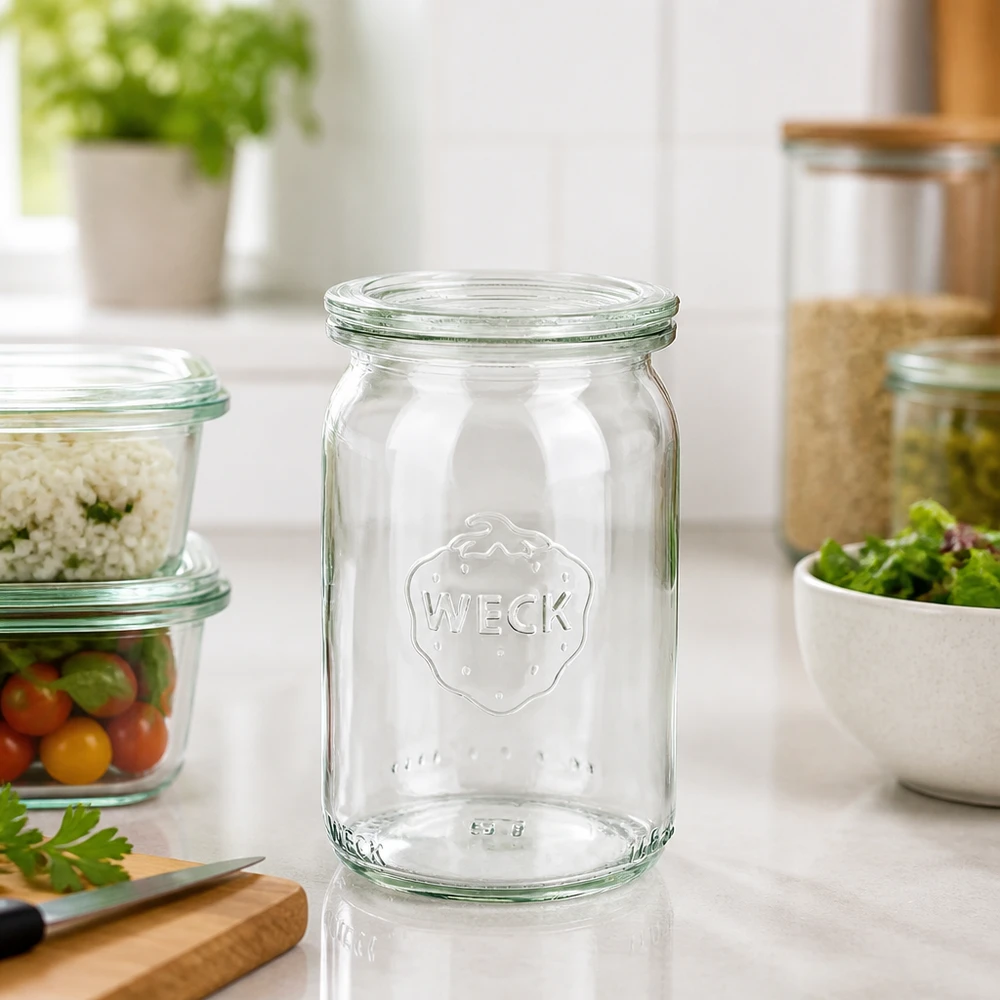 145ml cilinderglas met glazen deksel WECK RR40 WECK 145ml cilinderpot RR40 leeg op aanrecht met voorraadpotjes en verse kruiden op de achtergrond