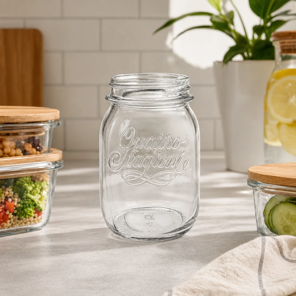 500ml Quattro Stagioni huishoudpot zonder deksel op keukenblad met andere voorraadpotten op de achtergrond