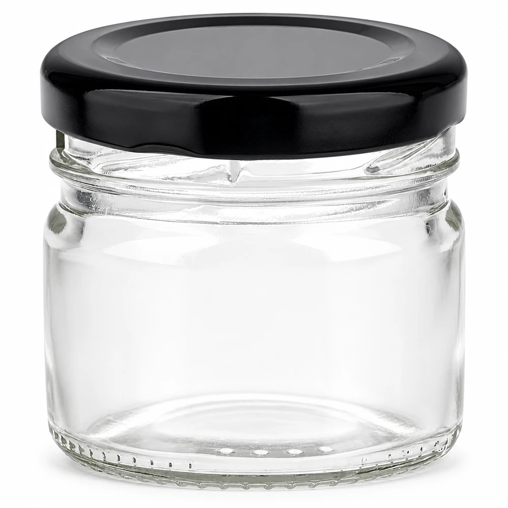 Doorzichtige glazen pot van 33 ml met glanzend zwarte metalen deksel BasicSeal UNiTWIST