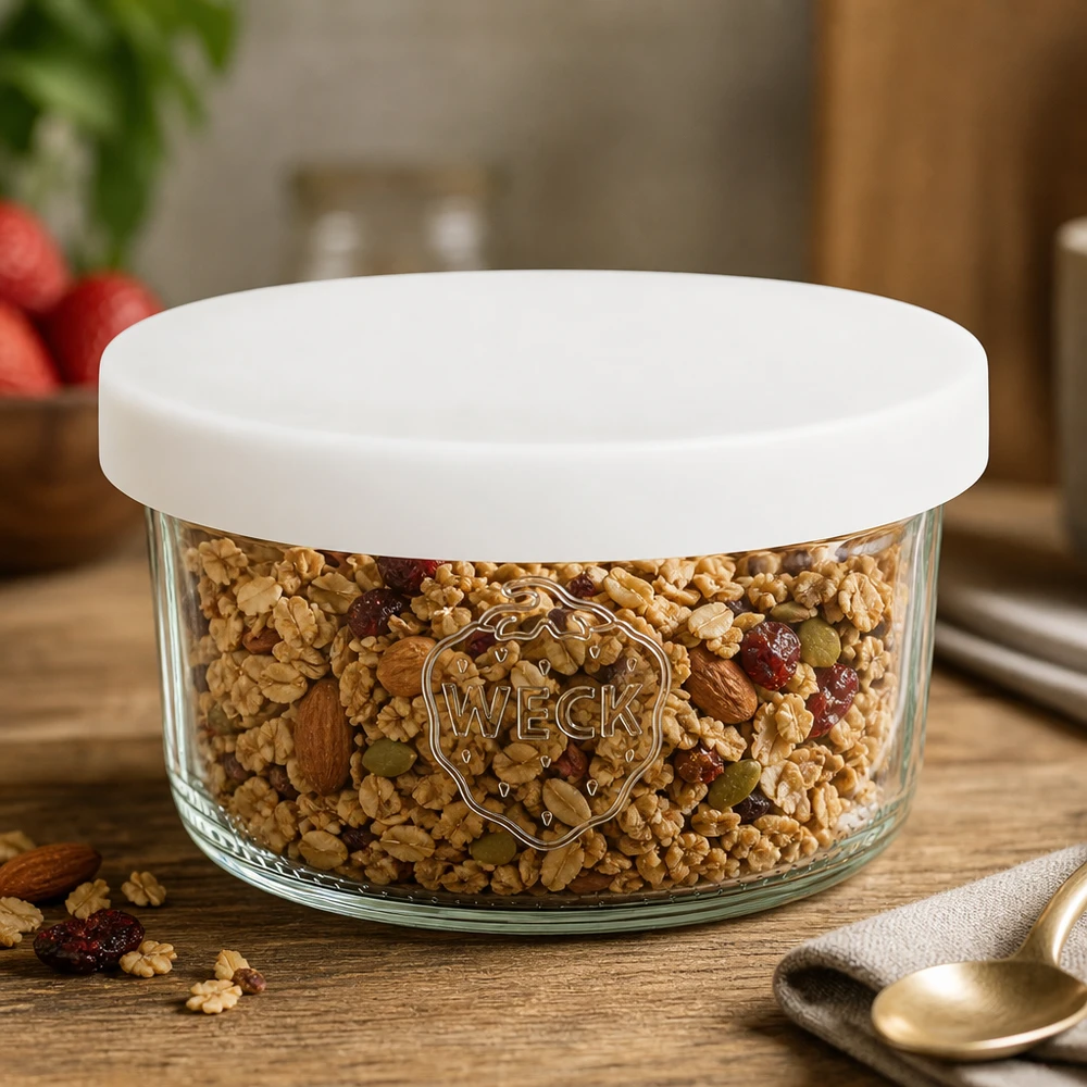 WECK voorraadpot 165ml RR80 met wit siliconen deksel gevuld met notenmix en gedroogd fruit in de keuken