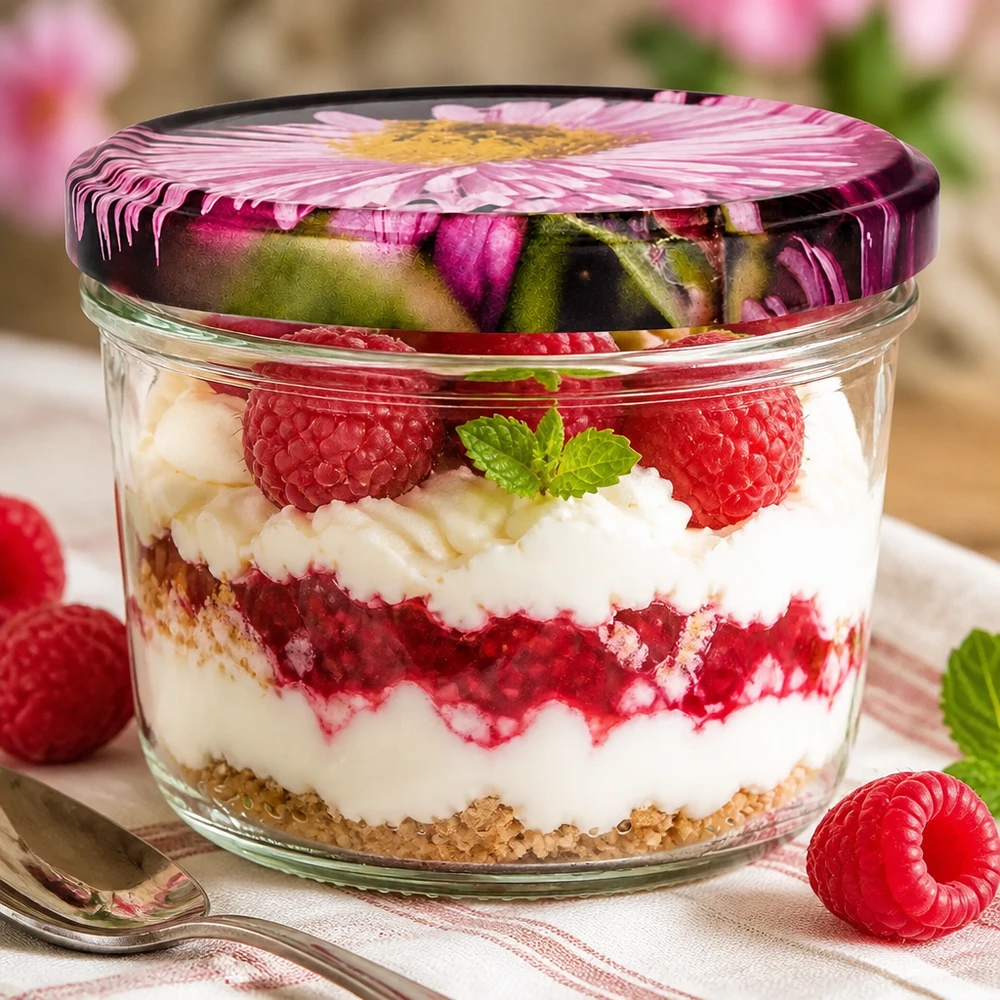 230ml bekers met BasicSeal deksel Bloemen decor UNiTWIST 230ml BasicSeal bloemdeksel gevuld met frambozendessert, gelaagd dessert met room en verse bessen