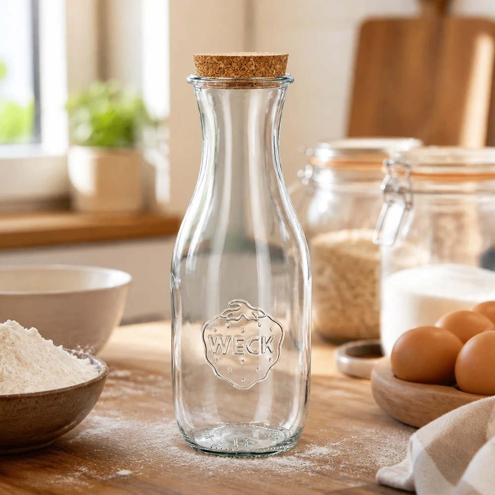 1062ml sapflessen WECK RR60 met kurk WECK glazen fles 1062ml RR60 met kurk op houten werkblad tussen bakingrediënten zoals bloem en eieren in een lichtgekleurde keuken