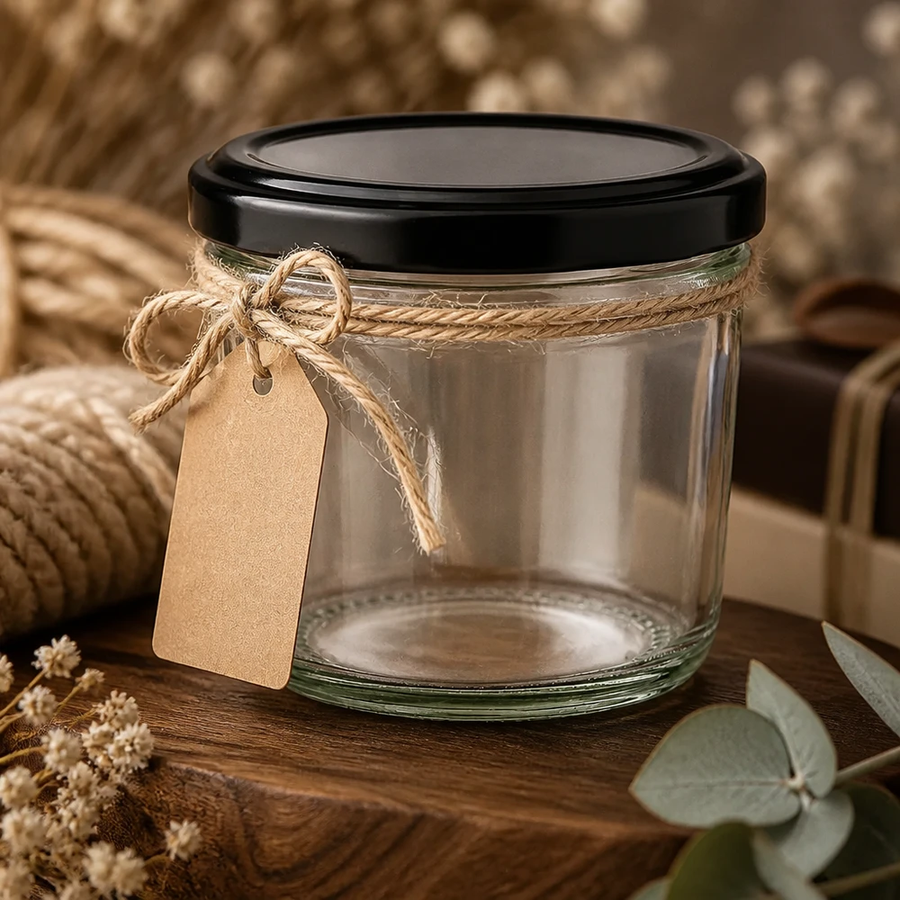 230ml bekers met BasicSeal deksel zwart UNiTWIST 230ml bekers met zwart deksel en jute strik als geschenkverpakking op een rustieke houten achtergrond