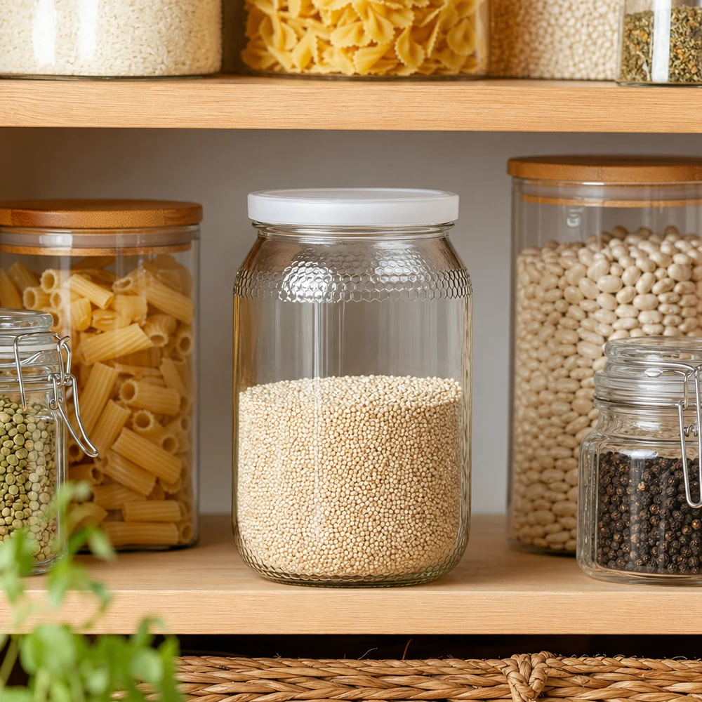 Honingpot 1260 g met witte BasicSeal UNiTWIST-deksel Honingpot 900ml met quinoa in keuken voorraadkast Voorraadkast BasicSeal deksel wit UNiTWIST