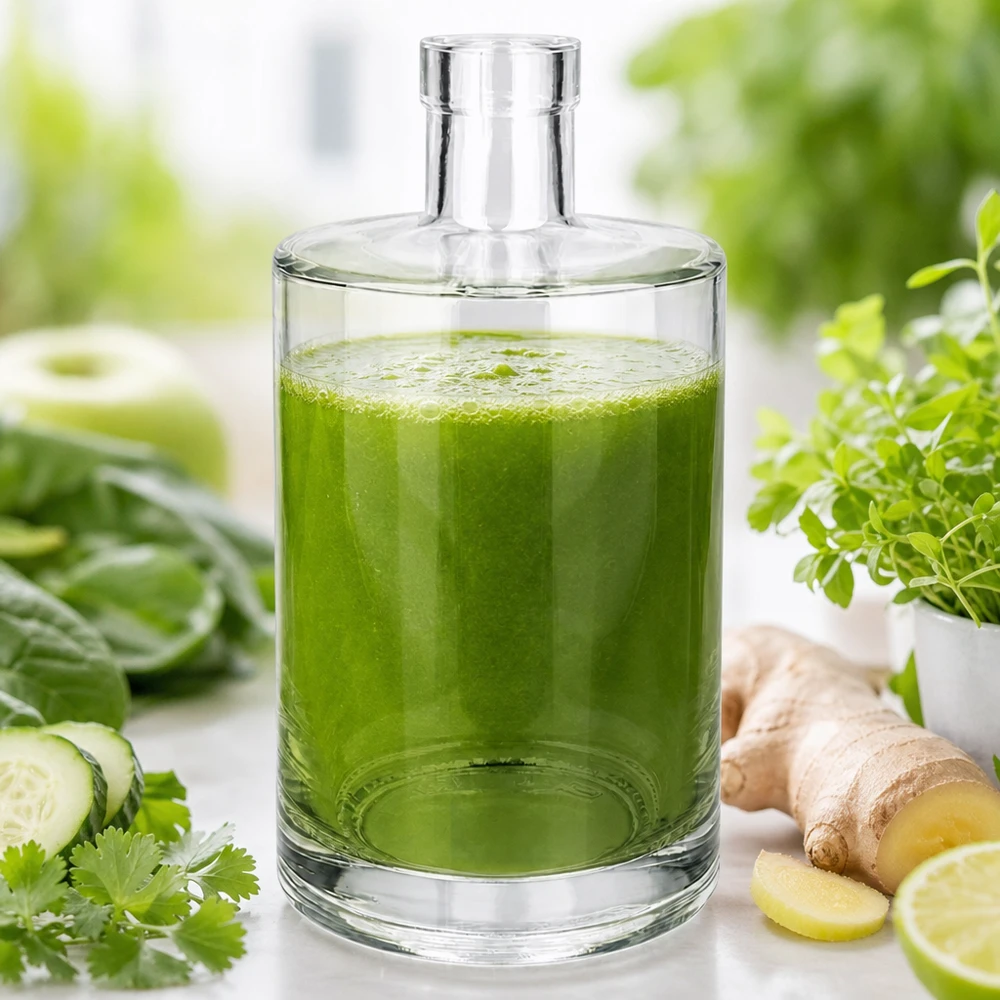 700ml glazen fles Marie gevuld met groene smoothie naast komkommer gember en kruiden op een lichte achtergrond
