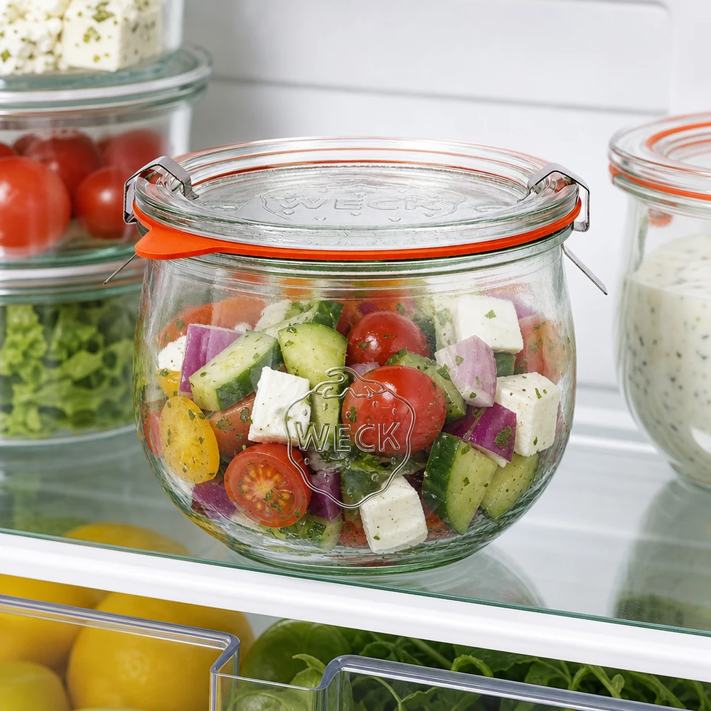 580ml tulpenglas compleet WECK RR100 WECK tulp pot 580ml RR100 met kleurrijke salade in de koelkast, praktische maaltijd prep opslag voor verse ingrediënten