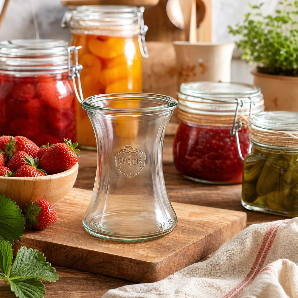 WECK RR80 delicatessenpot van 370 ml WECK RR80 delicatessenpot 370ml in keukenset met inmaakpotten, aardbeien en houten plank als decoratie
