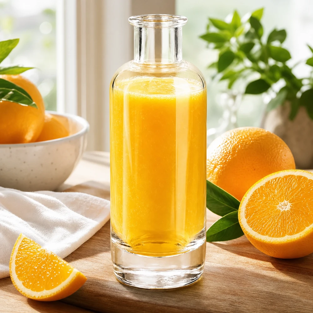 200 ml glazen fles Ella zonder sluiting UNiTWIST® 200ml glazen fles Ella gevuld met sinaasappelsap omringd door verse sinaasappels toont natuurlijke fruitdrank Toepassing