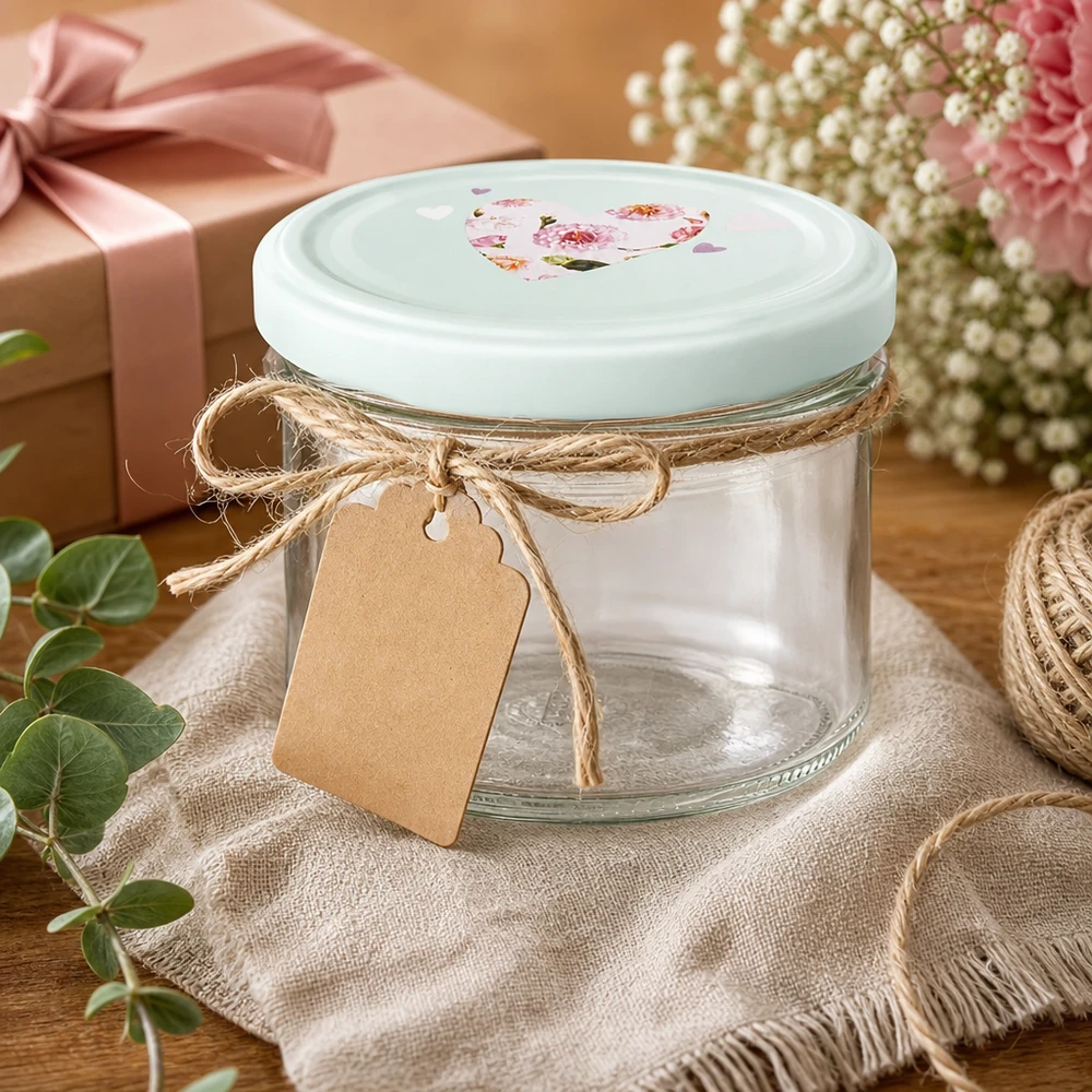 225ml bekers mint BasicSeal hart deksel als cadeau-idee versierd met jute koord en hanger