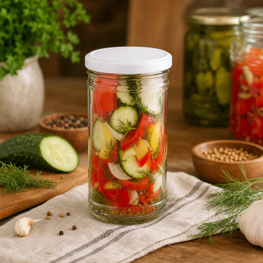 1053ml beker met BasicSeal deksel zilver UNiTWIST 1053ml trommels met ingemaakte groentenmix komkommers paprika uien dille toont veelzijdig gebruik als inmaakpotje