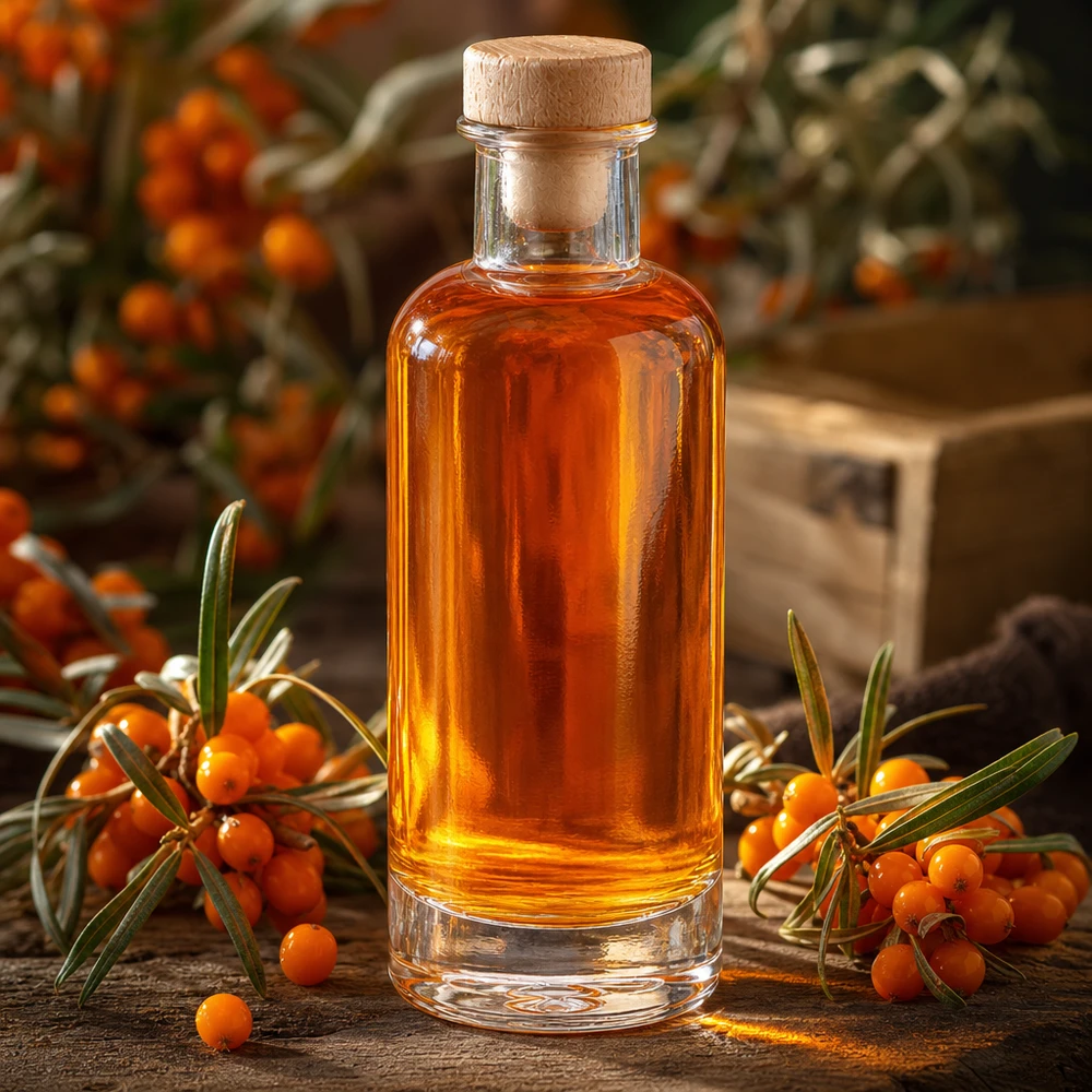 200 ml glazen fles Ella met houten kurk gevuld met oranje duindoornolie tussen verse duindoorntwijgen