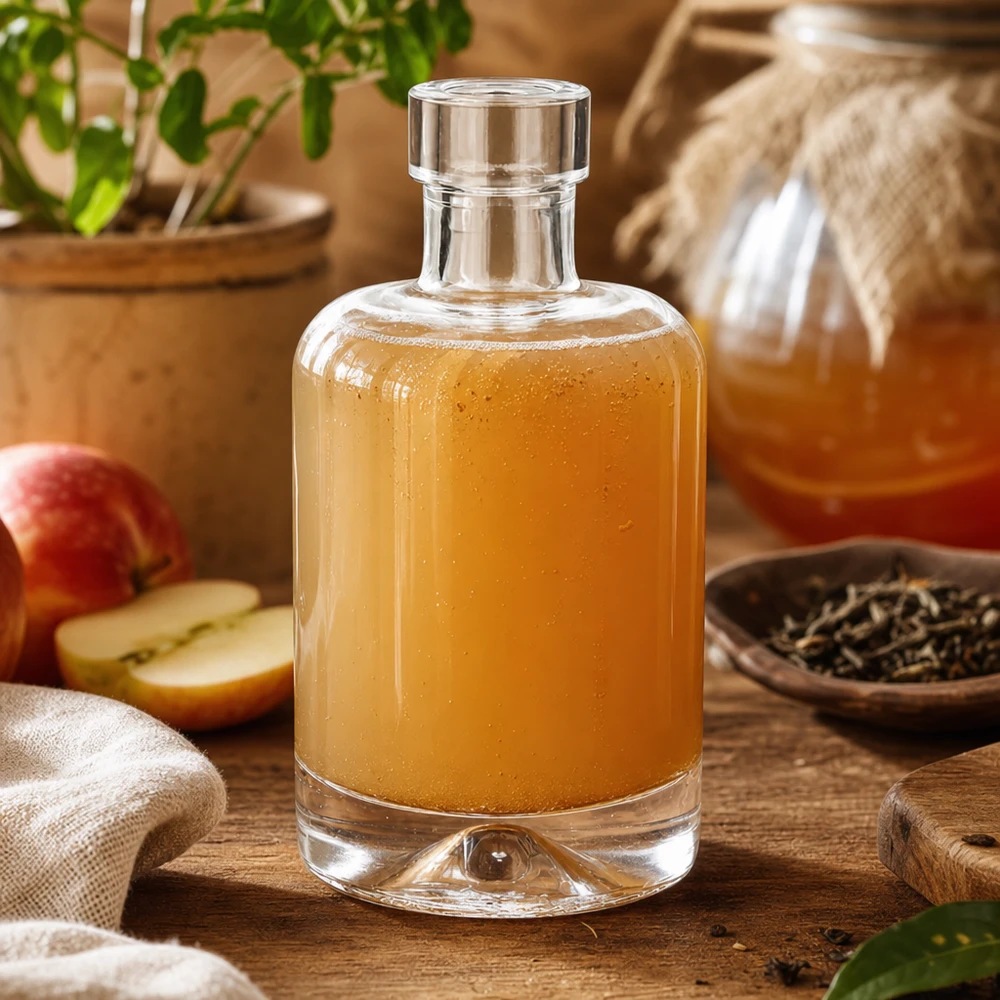 50 ml glazen fles 50ml Glasflasche "Amelie" ohne Verschluss UNiTWIST zonder sluiting UNiTWIST® 50ml glazen fles van Amelie gevuld met appelciderazijn naast appelschijfjes en kruiden toont gebruik voor azijn en vinaigrette