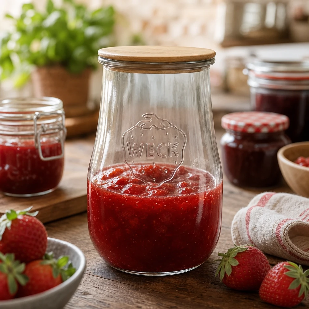 WECK tulpenpot 1750ml RR100 gevuld met aardbeienjam, houten deksel, keukentafereel met verse aardbeien