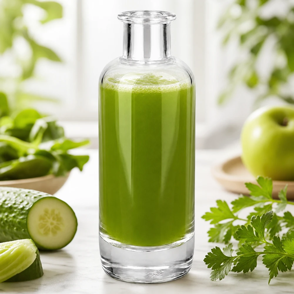 200 ml glazen fles Ella zonder sluiting UNiTWIST® 200 ml apothekersfles Ella gevuld met groene smoothie toont toepassing voor dranken en cosmetica