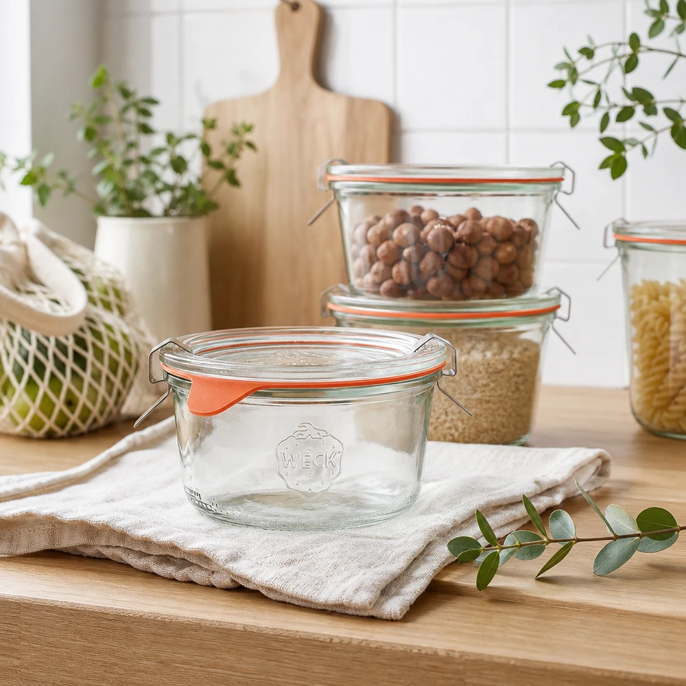 165ml stortglas compleet WECK RR80 WECK RR80 bekers van 165 ml in een moderne keuken met voorraadpotten vol noten en ontbijtgranen op een houten werkblad