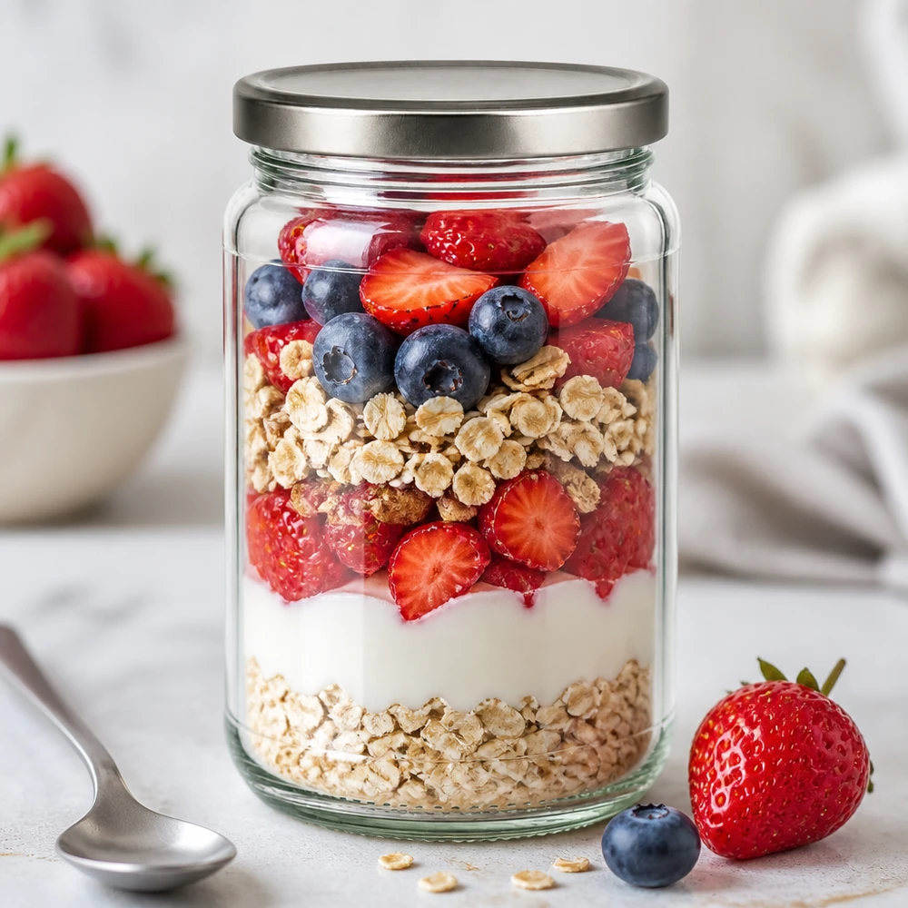 305ml rond glas met BasicSeal deksel zilver UNiTWIST 305ml Rundglas als Overnight Oats Schichtdessert mit Beeren und Granola - BasicSeal Deckel silber für Meal Prep